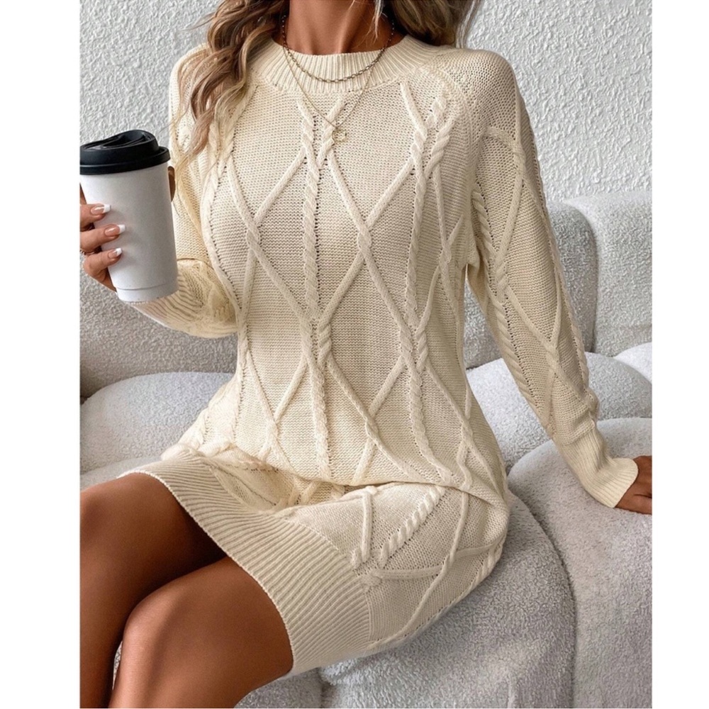 Cozy Cream Chunky Cable Knit Loose Fit Sweater Dress S M L